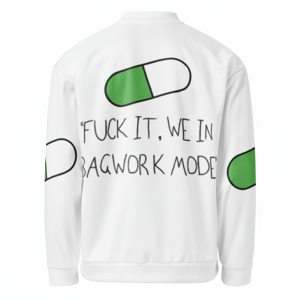White sweatshirt with green and black graphics and text on a white background